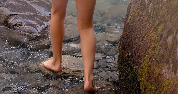 barefoot, human, person, feet, legs, water, stones