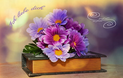 flores, flores artificiais, livro, fonte, bokeh, cartão de felicitações, natureza