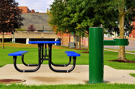 picnic, table, graphic, blue, green, modern, park