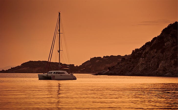 white, sailboat, body, water, sunset, dusk, boat