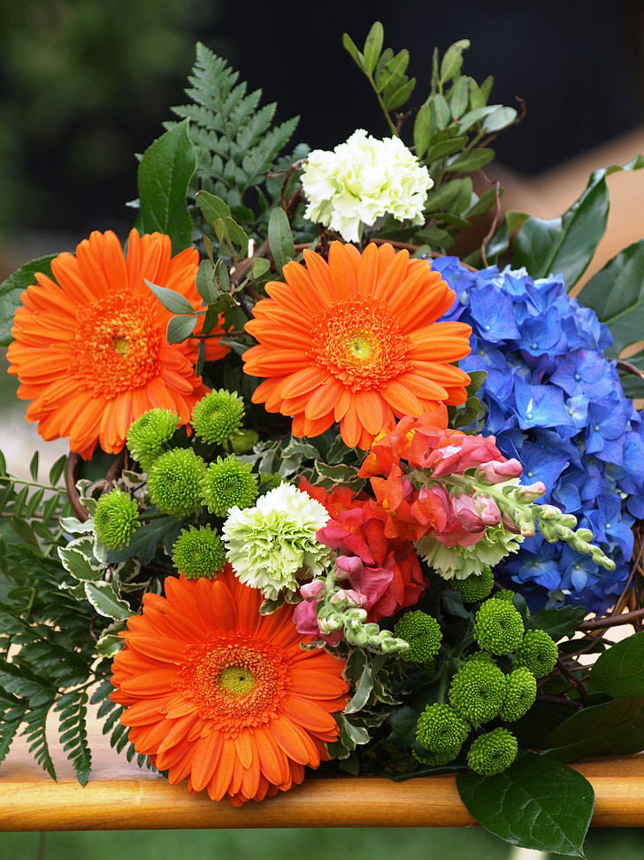 ziedu pušķis, krāsains, ziedi, krāsa, oranža, zila, zaļa