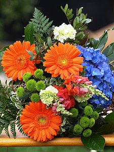buket blomster, farverige, blomster, farve, orange, blå, grøn