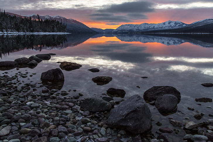 amanhecer, Crepúsculo, Parque Nacional Glacier, Lago, paisagem, montanha, ao ar livre