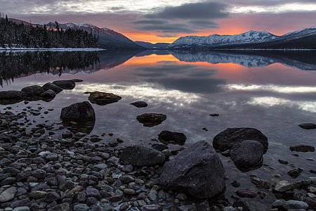 amanhecer, Crepúsculo, Parque Nacional Glacier, Lago, paisagem, montanha, ao ar livre