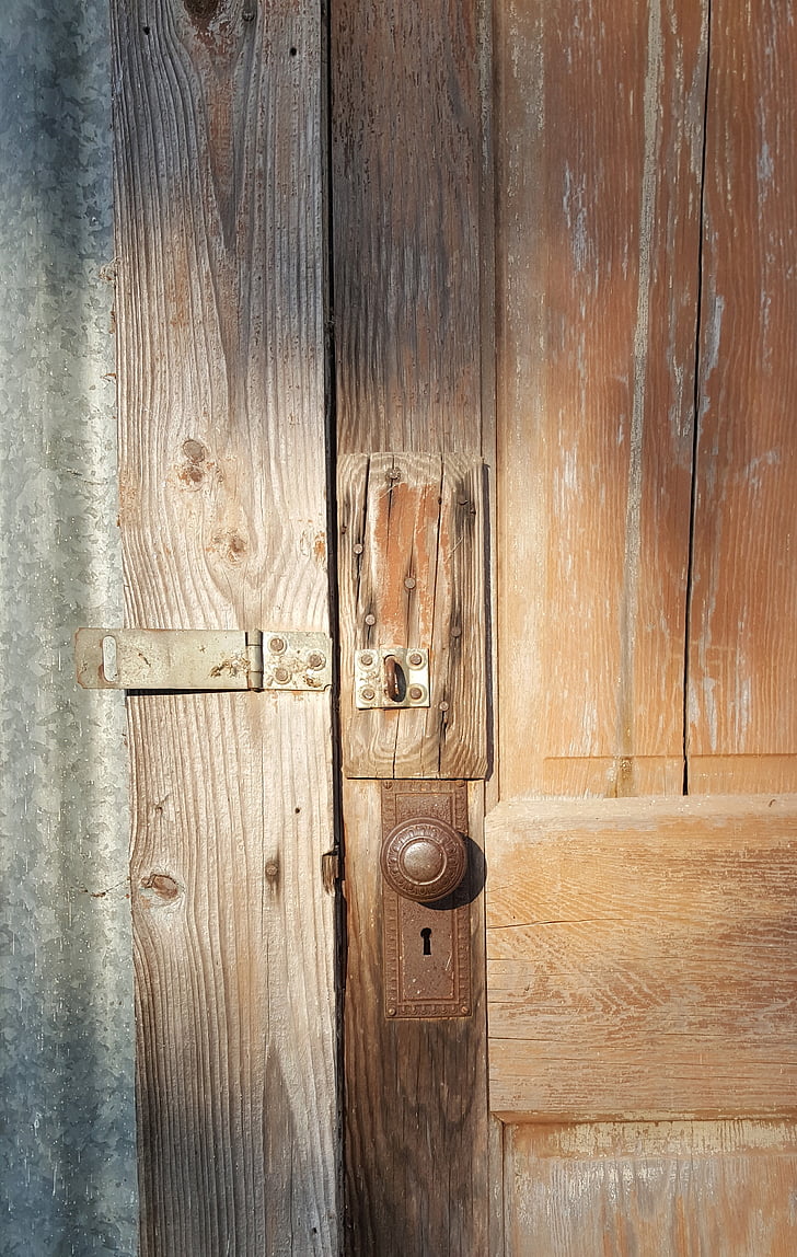 porta velha, fazenda, botão, de madeira, enferrujada, bloqueio