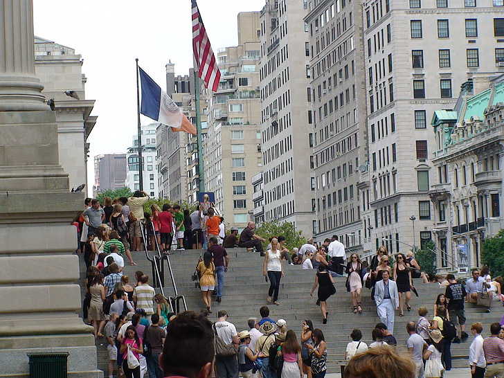 city, street, stairs, crowded, people, cityscape, new york