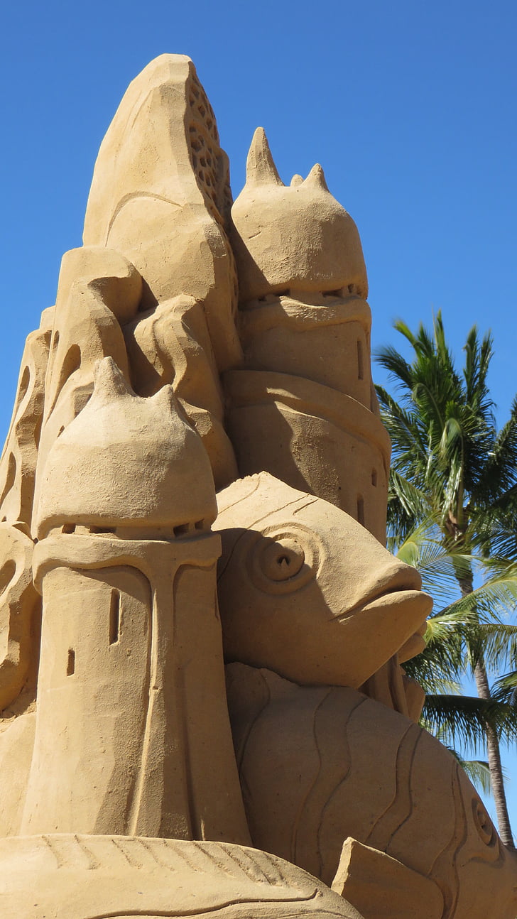 Sand castle skulptur, stranden, blå himmel, havet, sandslott, slott, Sand