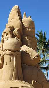 sand castle sculpture, beach, blue sky, sea, sandcastle, castle, sand