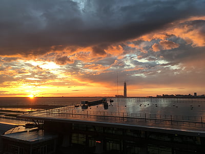 Sankt petersburg, terminal pelayaran, Rusia, langit, dramatis, matahari terbenam, Setelah badai