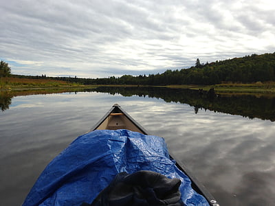 canoe, landscape, clouds, water, lake