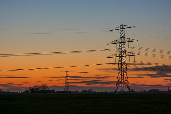 dawn, dusk, electric, electricity, energy, high-tension line, high-voltage line