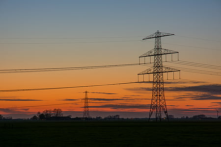 Dawn, soumraku, elektrické, elektřina, energii, vysokého napětí linky, vedení vysokého napětí