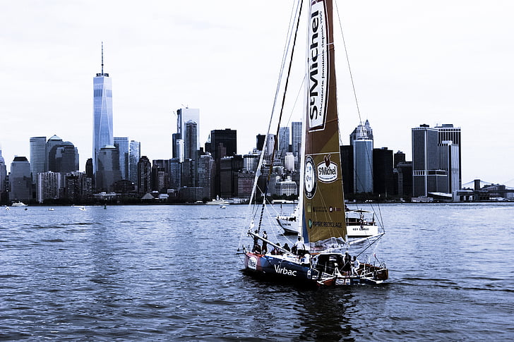 people, riding, sailboat, heading, towards, new, york