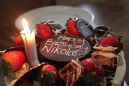kage, stearinlys, jordbær, chokolade, fødselsdag, fest, mad