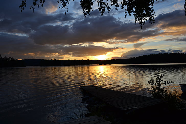 Suède, idylle, coucher de soleil, Lac, eau, Web, nature