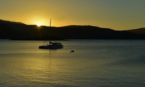 airlie beach, navire, coucher de soleil, le paysage, Îles Whitsunday, grande barrière de corail, Australie