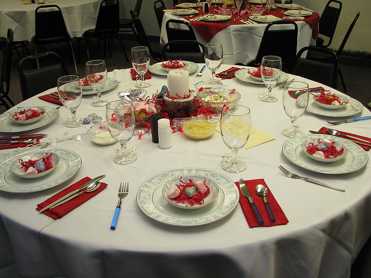 table, setting, red, white, valentine, romantic, party
