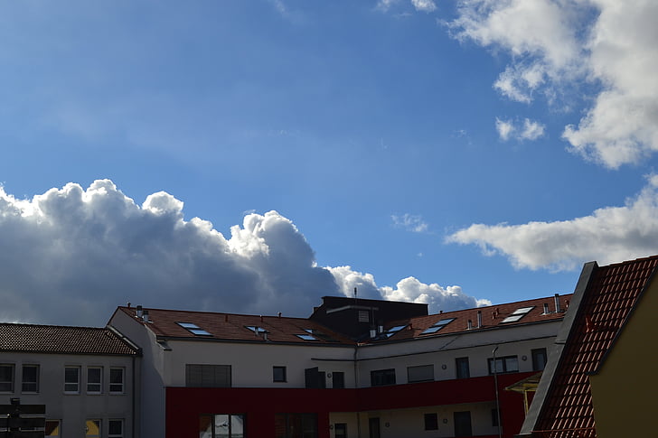 māju jumtiem, debesis, zila, mājas, mākoņi, Vācija, arhitektūra