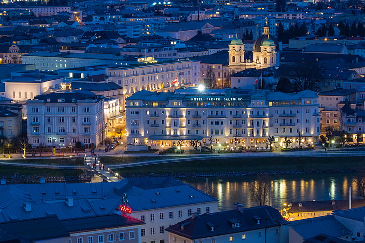 Salzburg, Austria, Mönchberg, abendstimmung, Hotel sacher, Tritunggal Kudus Gereja, Salzach