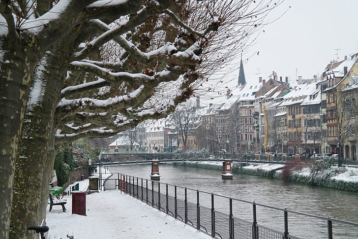 france, winter, snow, lake, trees, building, city