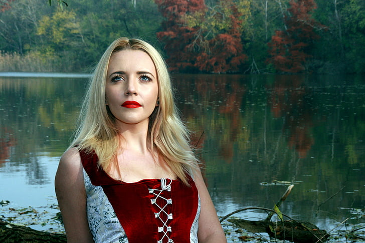 girl, lake, autumn, tree, reflection, red, blond