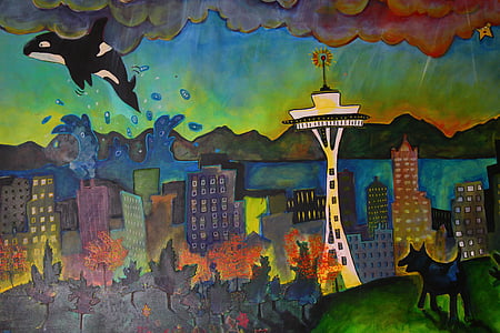 seattle, space needle, mural
