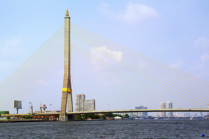 Bangkok, híd, Thaiföld, táj, városi, folyó, építészet
