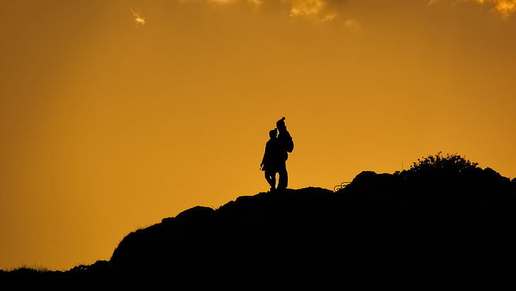 couple, cliff, afternoon, sunset colors, shadows, silhouettes, sky