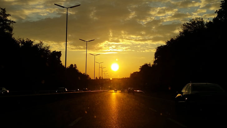 päike, pilved, õhtul, maastik, Road, autod, siluett