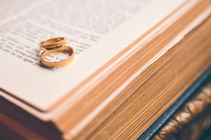 couple, love, rings, religion, book, marriage, bible