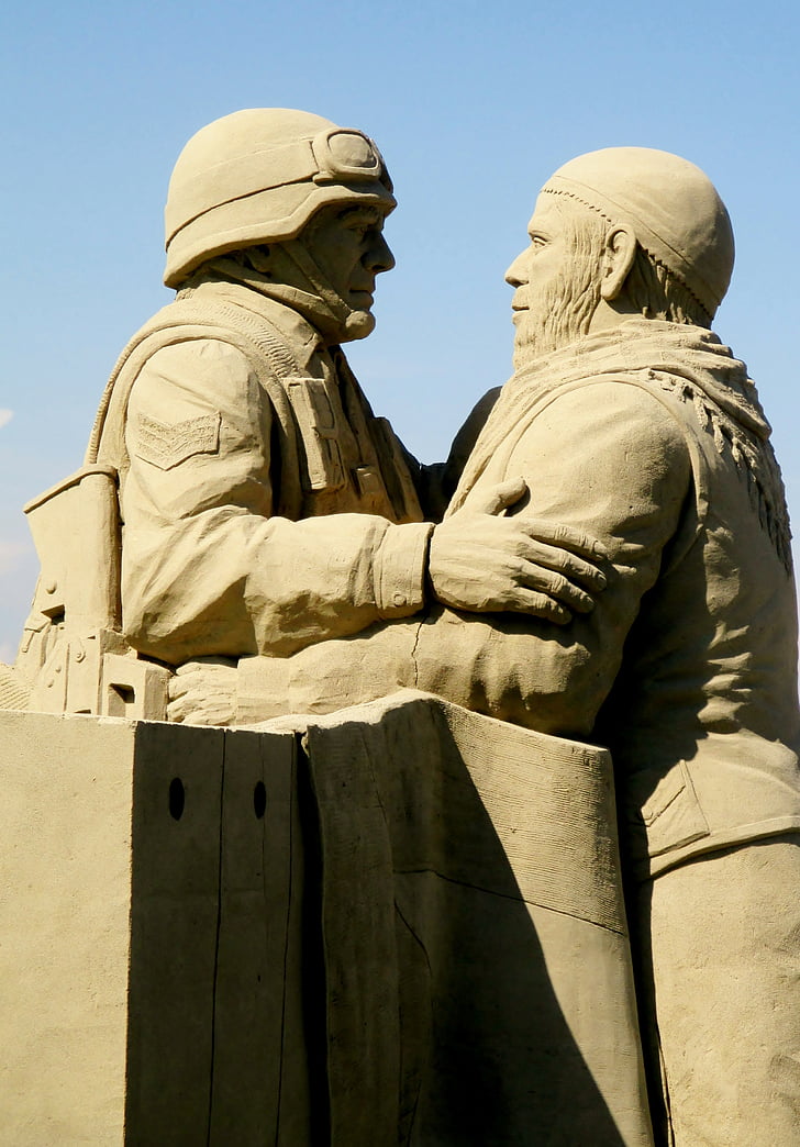 soldats, sculpture de sable, art, sculpture, hommes, amis, exposition