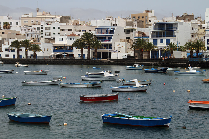 båter, byen, havn, Lanzarote, Kanariøyene, nautiske fartøy, sjøen
