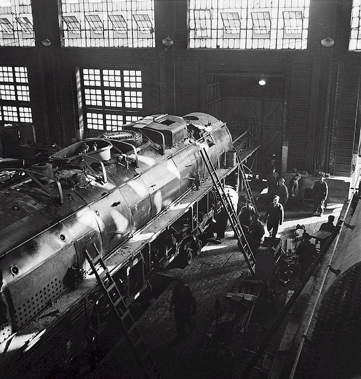 locomotive, maintenance, engine, steam, repair, black and white, retro