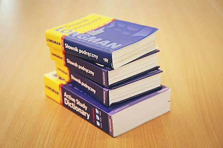fire, blå, gul, Longman, bøger, ordbog, læsning