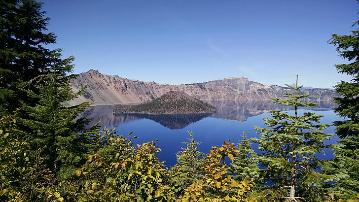 Lago del cráter, Isla de asistente, Oregon, Parque Nacional, azul, naturaleza