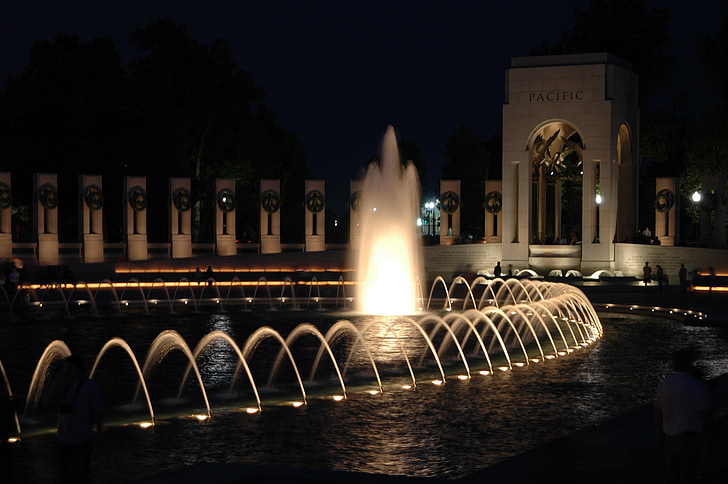 washington dc, world war ii memorial, night, evening, lights, reflections, monument