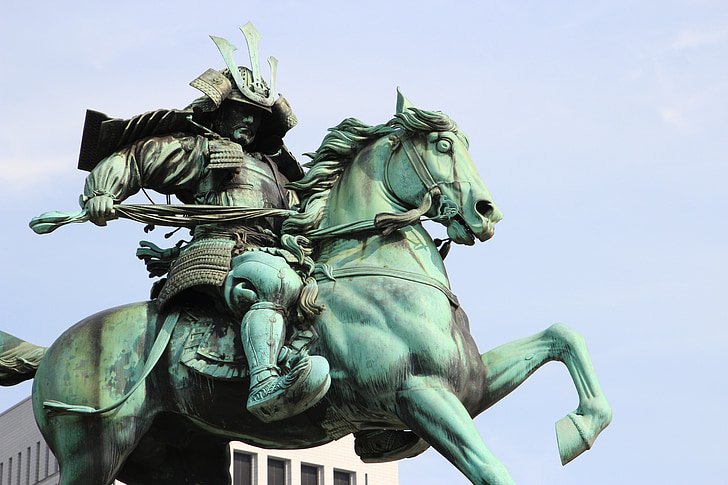 statue, equestrian, bronze, samurai, japan, sword, gallop