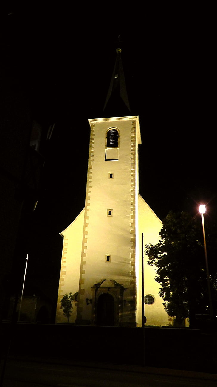 Kościół, noc, front Ojczyźniany, podświetlane, budynek, fasady, światła