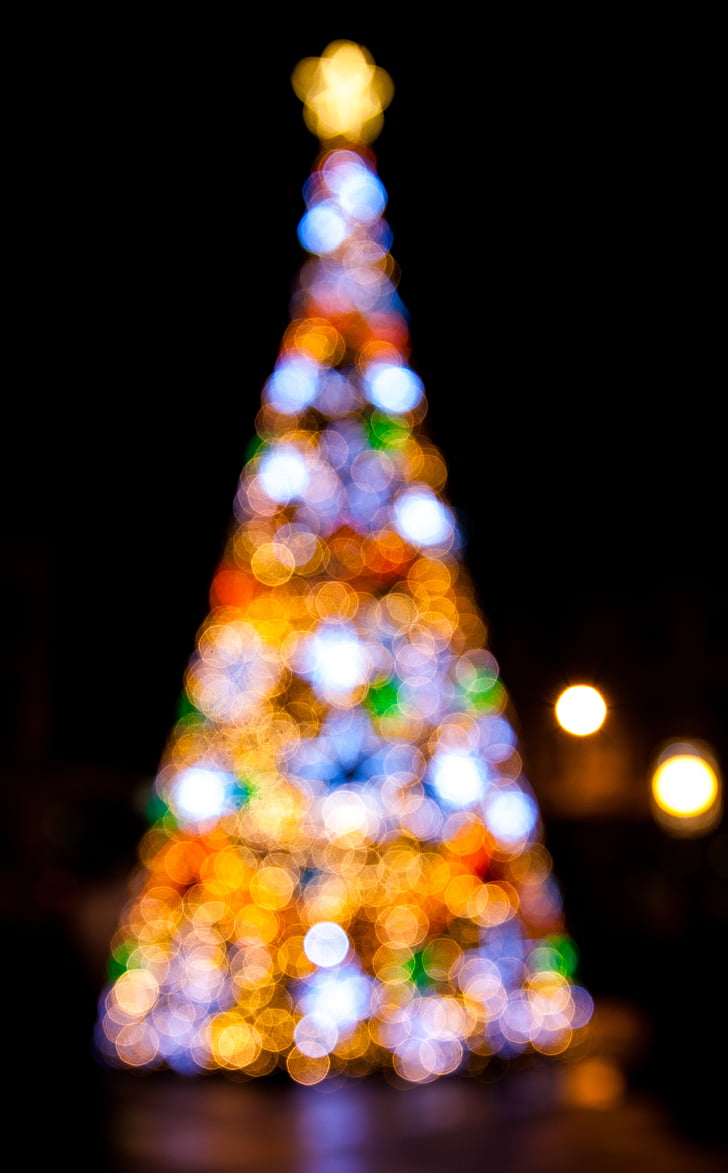 lighted, christmas, tree, night, lights, dark, bokeh