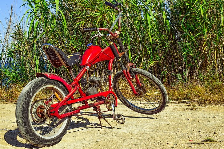 moped, improvised, makeshift, vehicle, motorbike, handmade, red