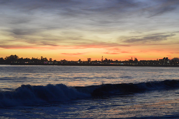 sunset, ocean, sky, sea, coast, waves, tranquil