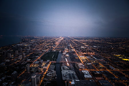 letecký snímek, Letecký pohled, budovy, město, světla měst, Panoráma města, Dawn