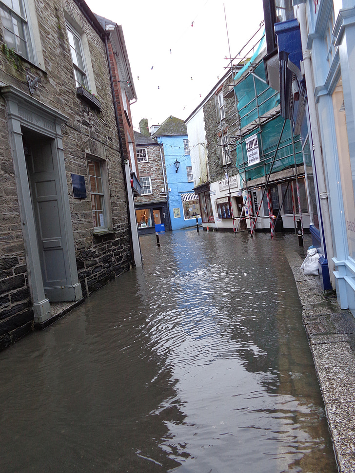 Fowey, selo, Cornwall, ulica, ceste, uske, poplava