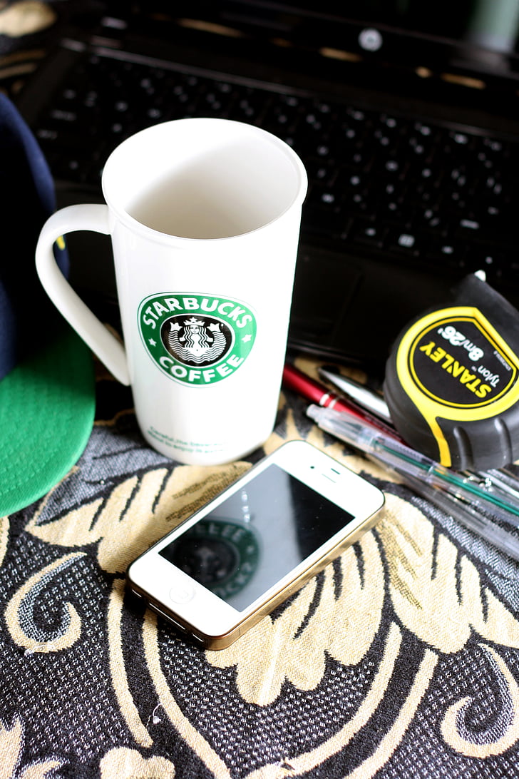 Blanco, iPhone, Starbucks, café, taza, tecnología, Gadgets