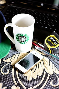 Blanco, iPhone, Starbucks, café, taza, tecnología, Gadgets
