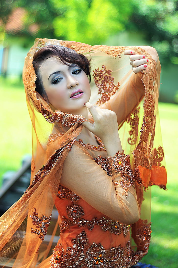 wearing, orange, sari, Woman, Female, Beauty, Model