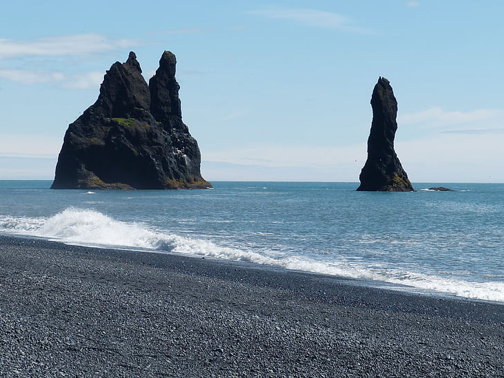 Islândia, Vik, Costa Sul, basalto, penhasco, rocha, natureza