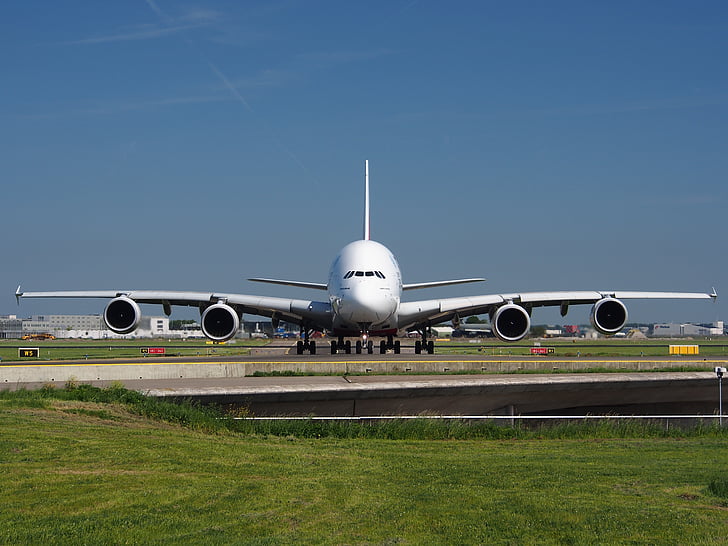 Emirates, Airbus a380, repülőgép, sík, repülőgép, repülőtér, Jet
