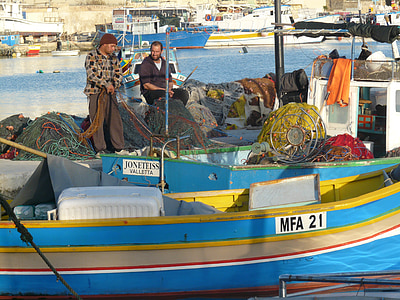 hamn, Fischer, nätverk, fisknät, båtar, Boot, Malta