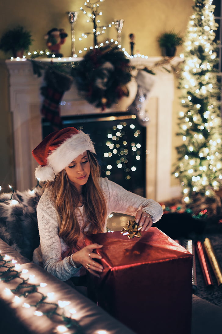 blond, blonde, caucasian, christmas, decoration, gift, lights